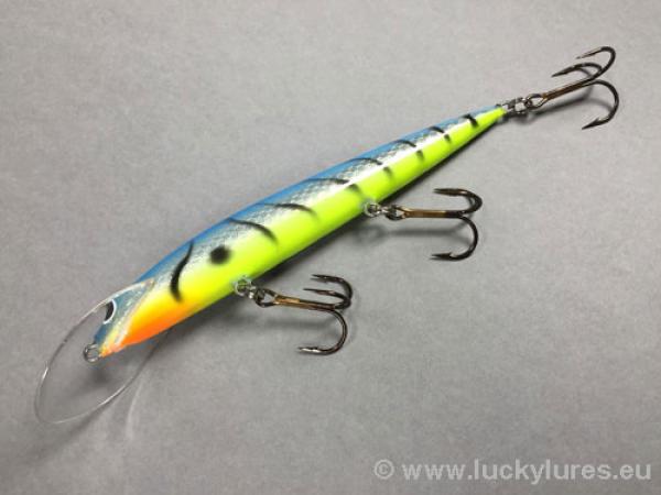 Karikko Wobbler, Länge: 13 cm, Farbe: Blau-Silber-Gelb + schwarz gezeichnet 022, schwimmend, von Suomen Uistin The Finnish Lure Company (Jarmo Rapala)